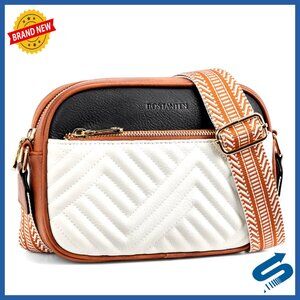Vegan Leather Quilted Crossbody Bag Small Shoulder Purse with Wide Strap